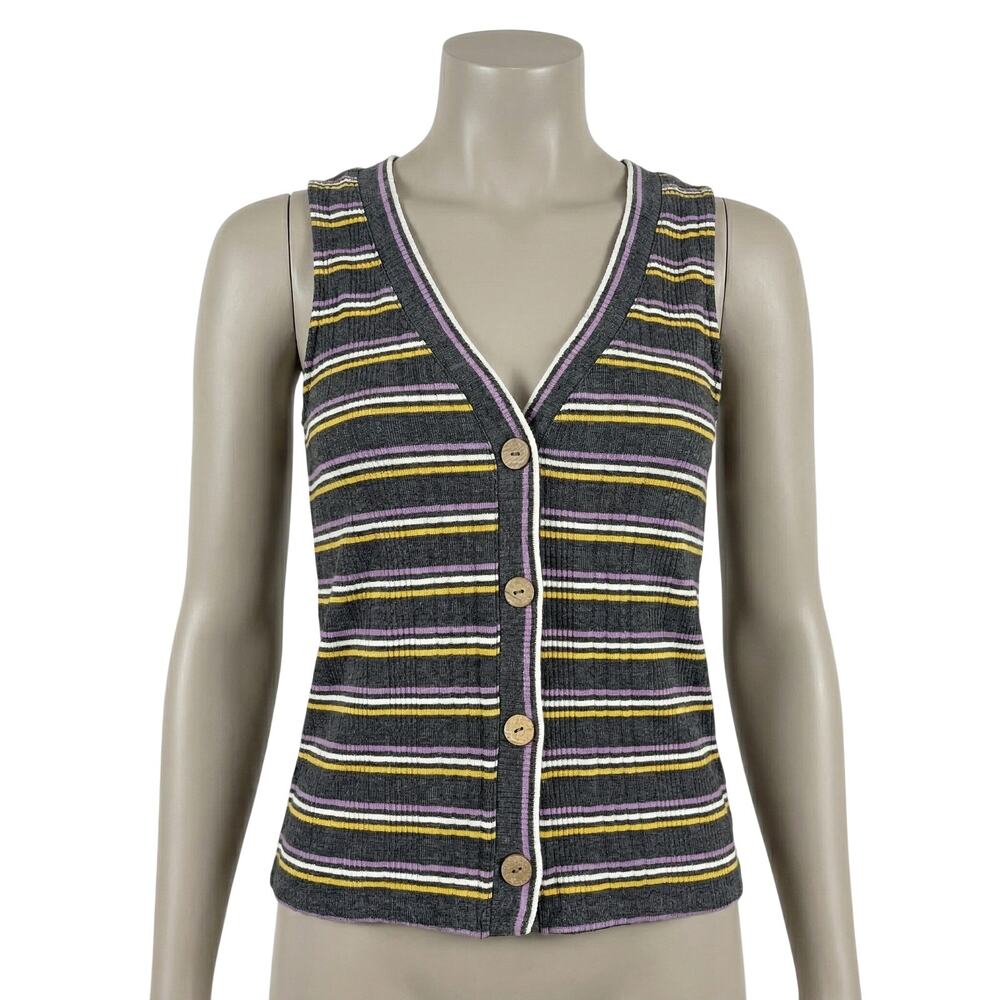 Buckle Black Size M Gray Purple Yellow Striped Sleeveless Button Front Top Y2K